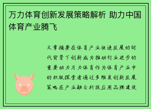 万力体育创新发展策略解析 助力中国体育产业腾飞 万力体育创新发展策略解析 助力中国体育产业腾飞